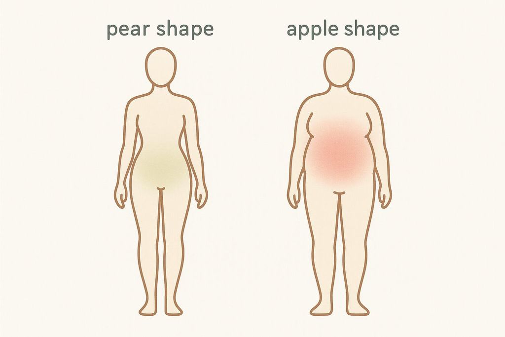 Illustration comparing pear shape vs apple shape body outlines, highlighting visceral fat accumulation around the midsection.