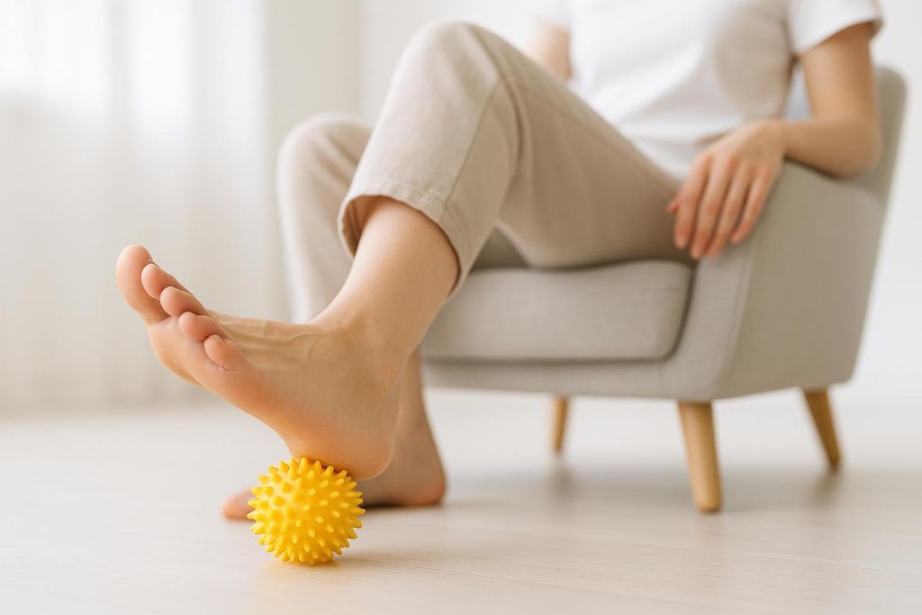 A person seated in a chair, using a yellow spiky massage ball to roll out the arch of their bare foot on a light-colored wooden floor.