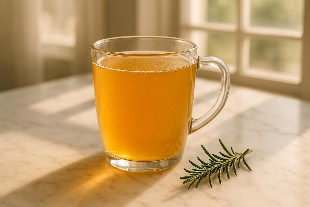 A warm glass of bone broth bathed in morning sunlight, with a sprig of fresh rosemary beside it on a marble surface, next to a window.