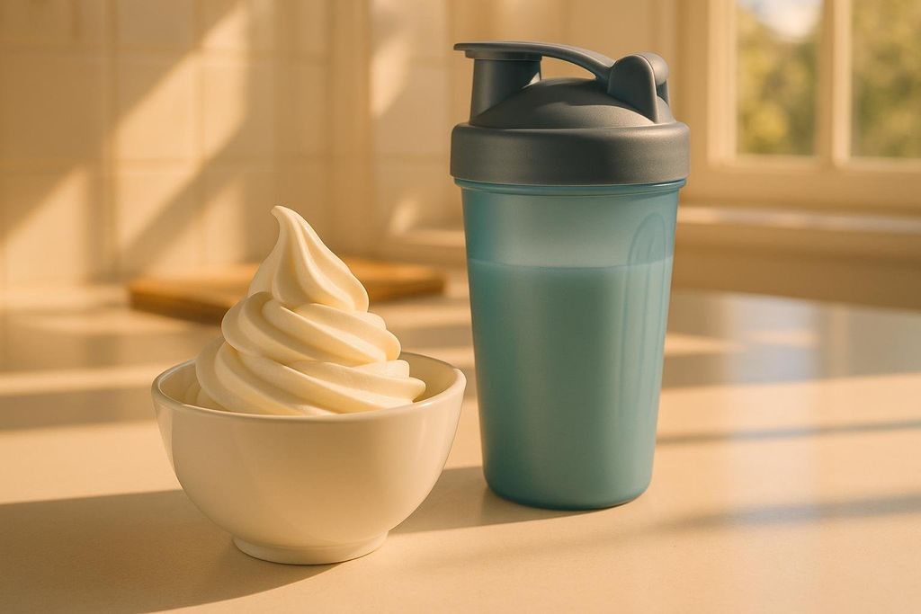 A white bowl of swirled vanilla protein ice cream sits next to a teal shaker bottle filled with a light blue liquid on a sunlit counter.