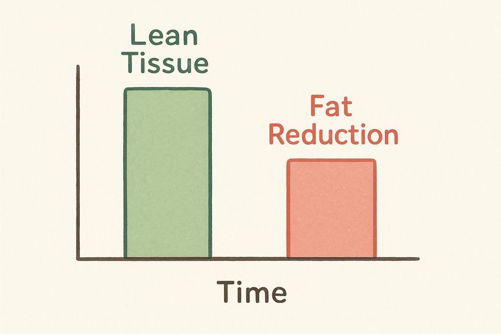 A bar graph showing lean tissue increasing more significantly than fat reduction over time.