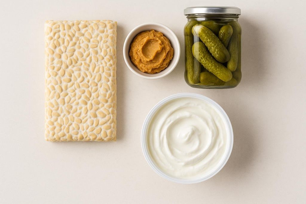 A flat lay of healthy fermented food ingredients including a block of tempeh, a small bowl of miso paste, a jar of gherkin pickles, and a tub of yogurt, arranged on a light background.