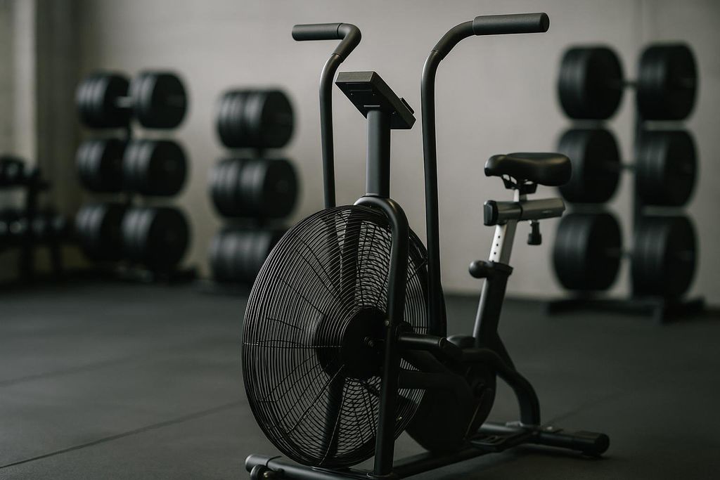 A black assault air bike, also known as a fan bike, sits on a dark gray gym floor with various weights blurred in the background. The bike features a large circular fan in the front, handlebars, and a seat.