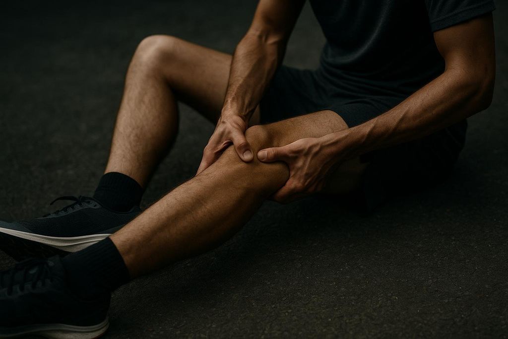 Close-up of a runner sitting on the ground massaging a sore calf muscle.