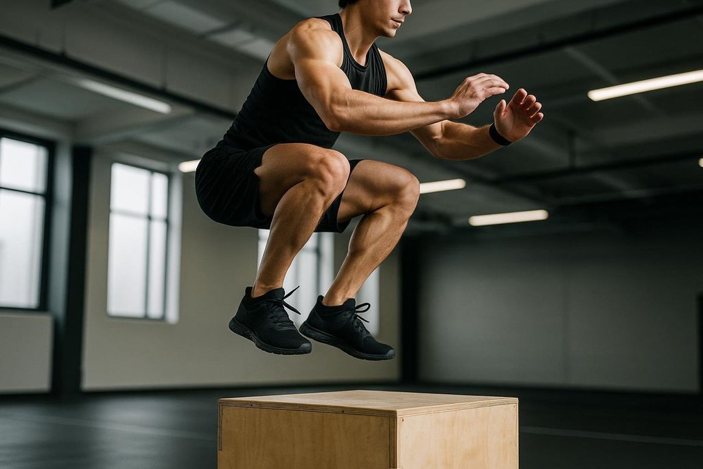 A man in a black tank top and shorts is captured mid-air during a box jump, his body coiled as if landing or taking off. He is wearing black athletic shoes and a fitness tracker on his wrist. A wooden plyometric box is visible beneath him in a gym setting.