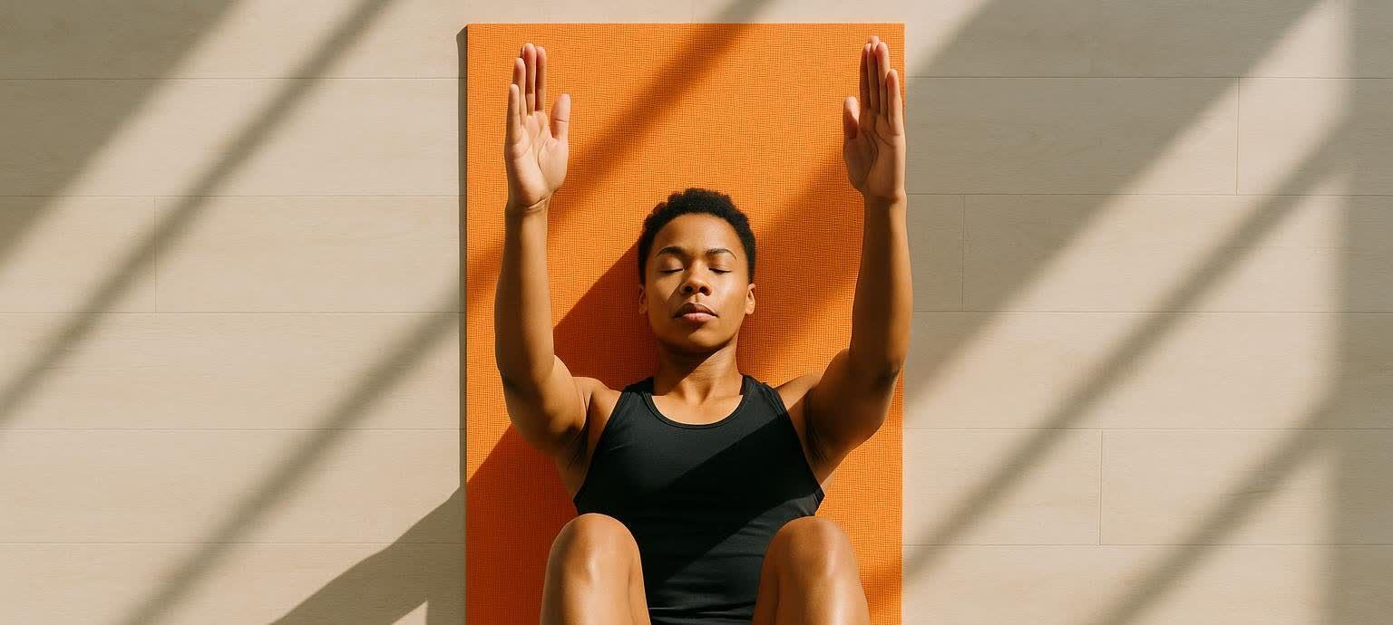 Overhead view of a person performing the starting position of the dead bug exercise on an orange yoga mat. The person is lying on their back with arms raised and eyes closed, relaxed. Sunlight streams across the scene.