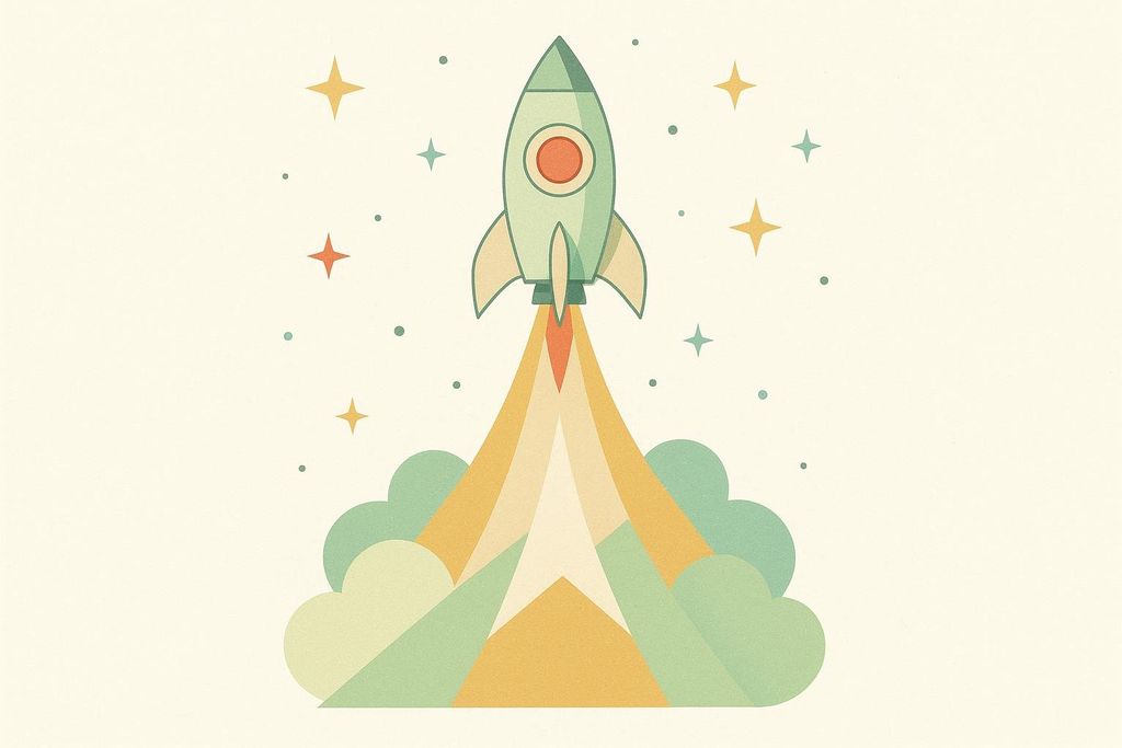 Minimalist illustration of a green rocket launching into space with orange and yellow flames, surrounded by stylized clouds and stars on a light background.