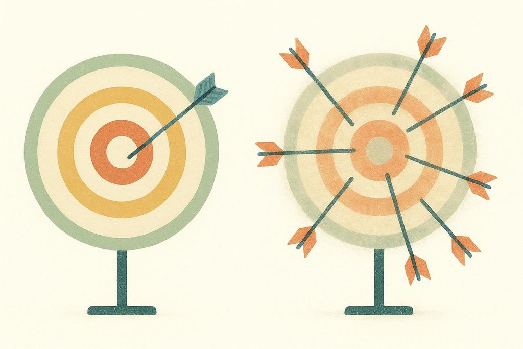 Illustration showing two colorful targets to represent accuracy and precision. On the left, a single arrow perfectly hits the bullseye, illustrating accuracy. On the right, multiple arrows are scattered around the bullseye, some close and some far, illustrating precision without accuracy.