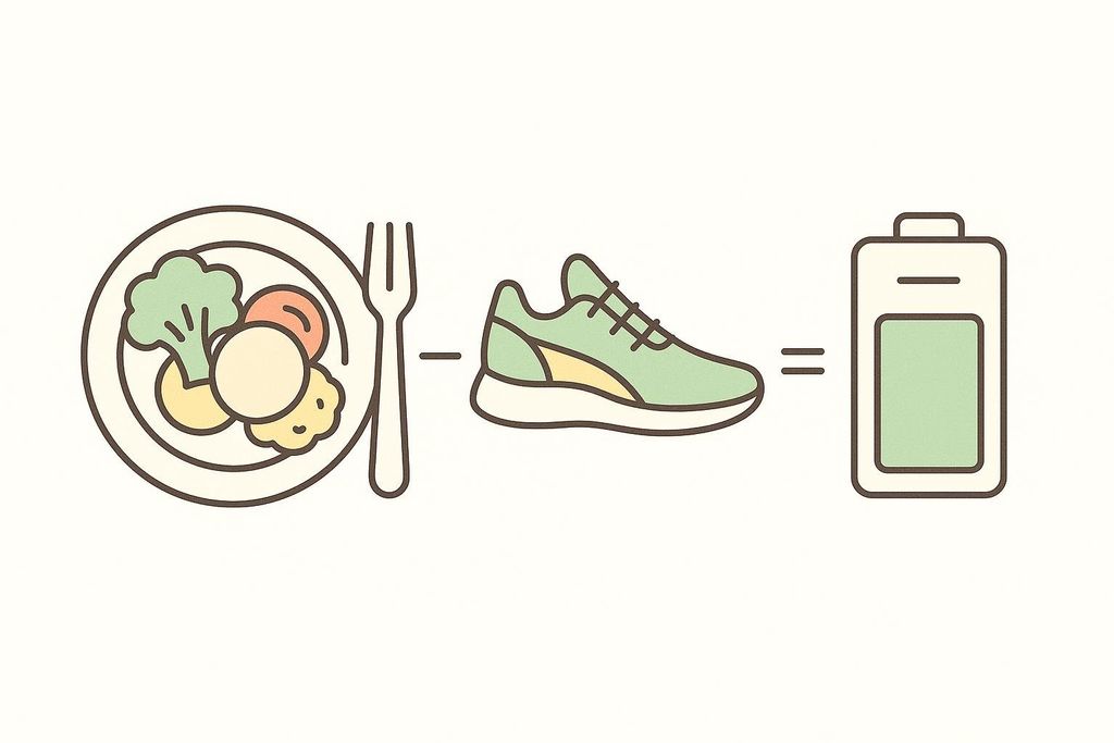 An illustration showing the energy availability formula using icons. A plate of food with a fork represents food intake, followed by a minus sign, then a sneaker representing exercise. An equals sign follows, leading to a battery icon representing energy.