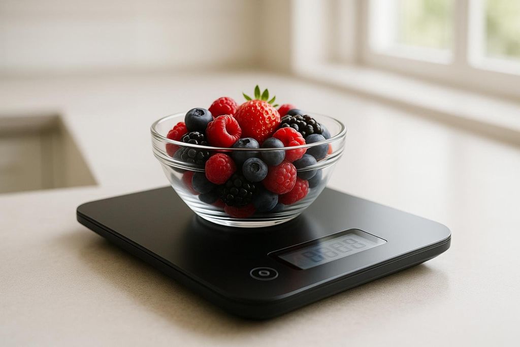A digital kitchen scale displays a weight measurement for a clear bowl filled with fresh strawberries, raspberries, and blueberries.