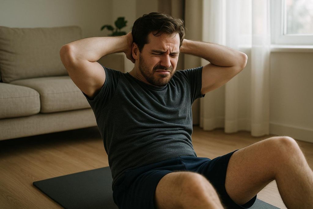 A man grimacing in pain or frustration while doing sit-ups on a black yoga mat in a living room.