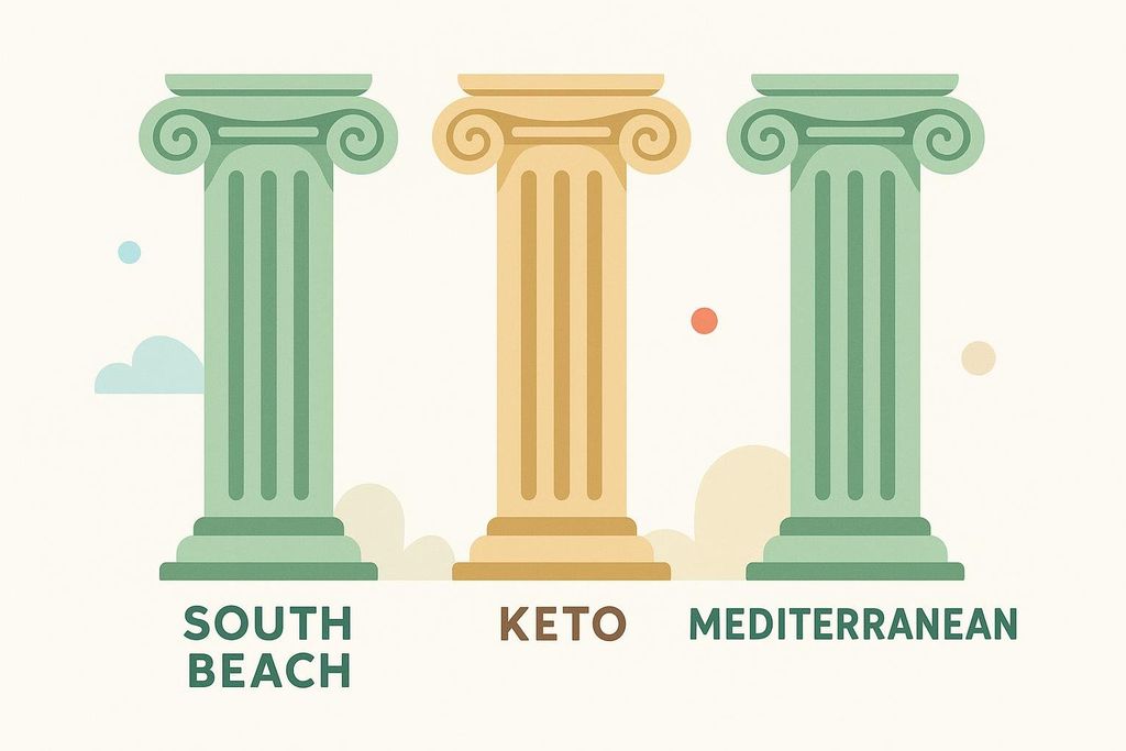 An illustration showing three classical pillars, each representing a different diet. From left to right: a green pillar labeled "SOUTH BEACH", a tan pillar labeled "KETO", and another green pillar labeled "MEDITERRANEAN".