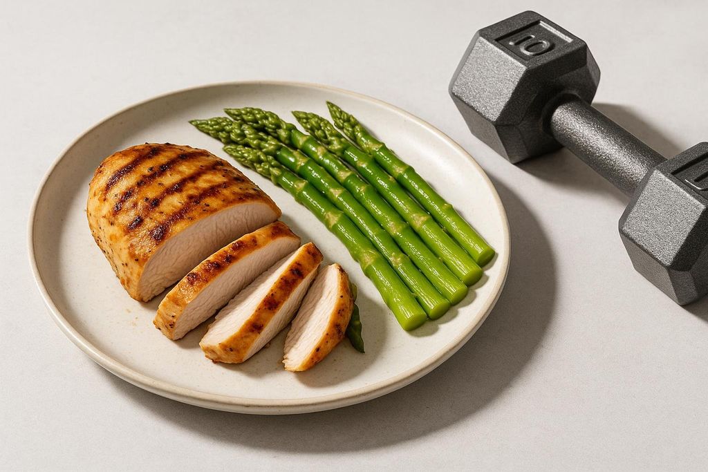 A plate of grilled chicken breast and asparagus spears sits next to a dumbbell, symbolizing the connection between diet and exercise.