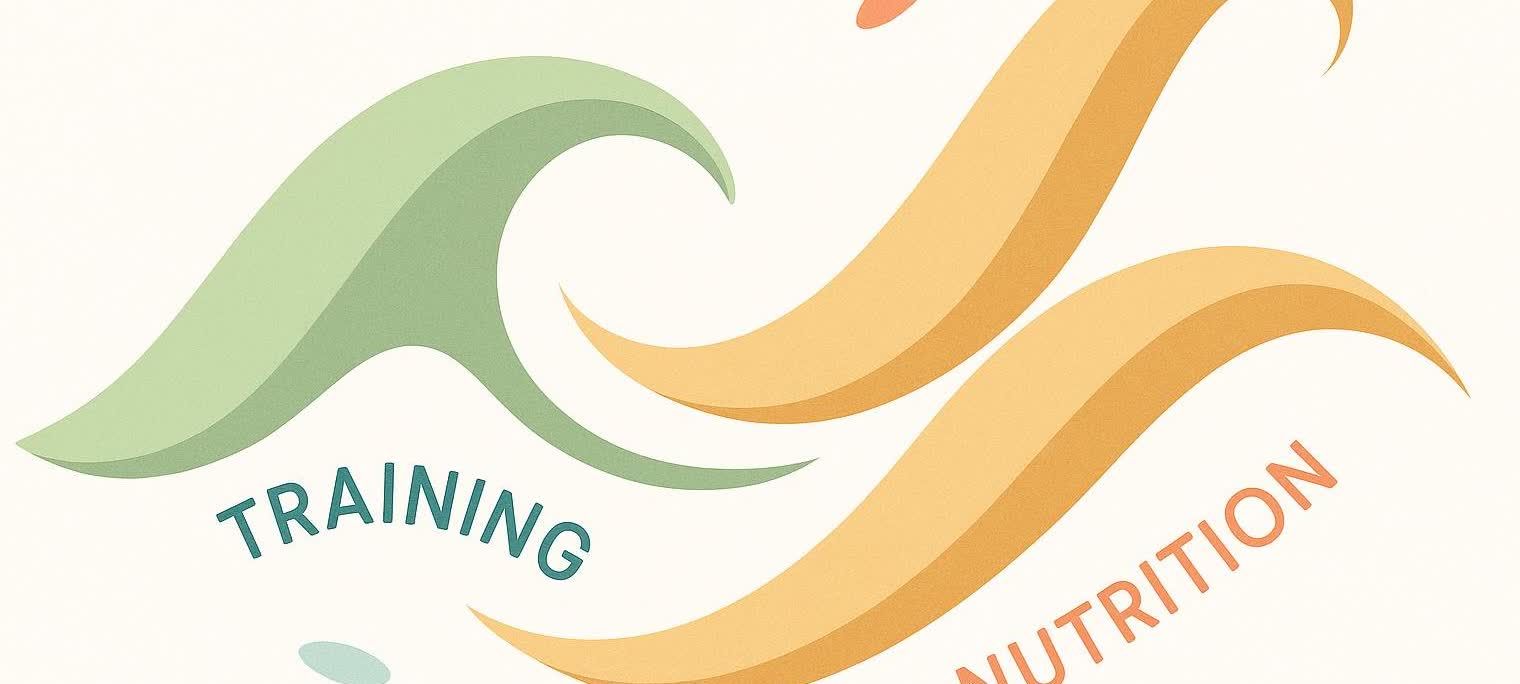 An abstract illustration depicting training and nutrition cycles as two intertwined waves, a green wave for 'TRAINING' and an orange wave for 'NUTRITION', representing how these two concepts interact in Renaissance Periodization.