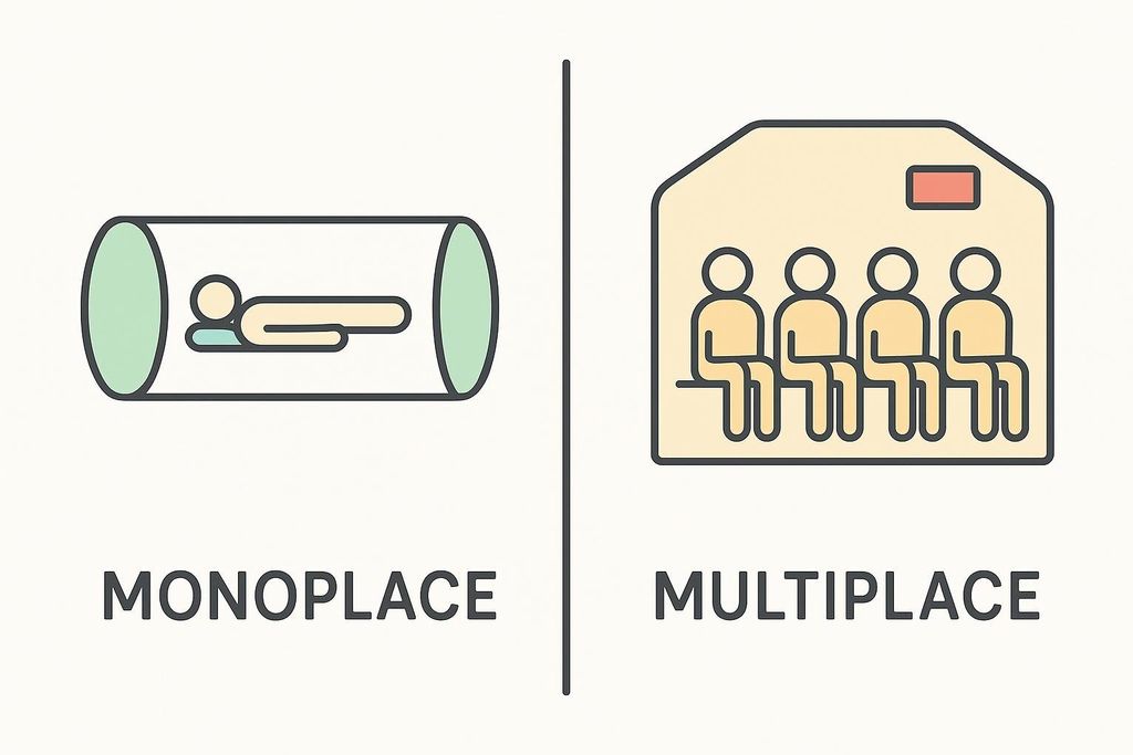 An infographic comparing monoplace and multiplace chambers. On the left, a single person lies inside a cylindrical chamber, labeled 'MONOPLACE'. On the right, four people sit inside a rectangular chamber resembling a room with seats, labeled 'MULTIPLACE'.