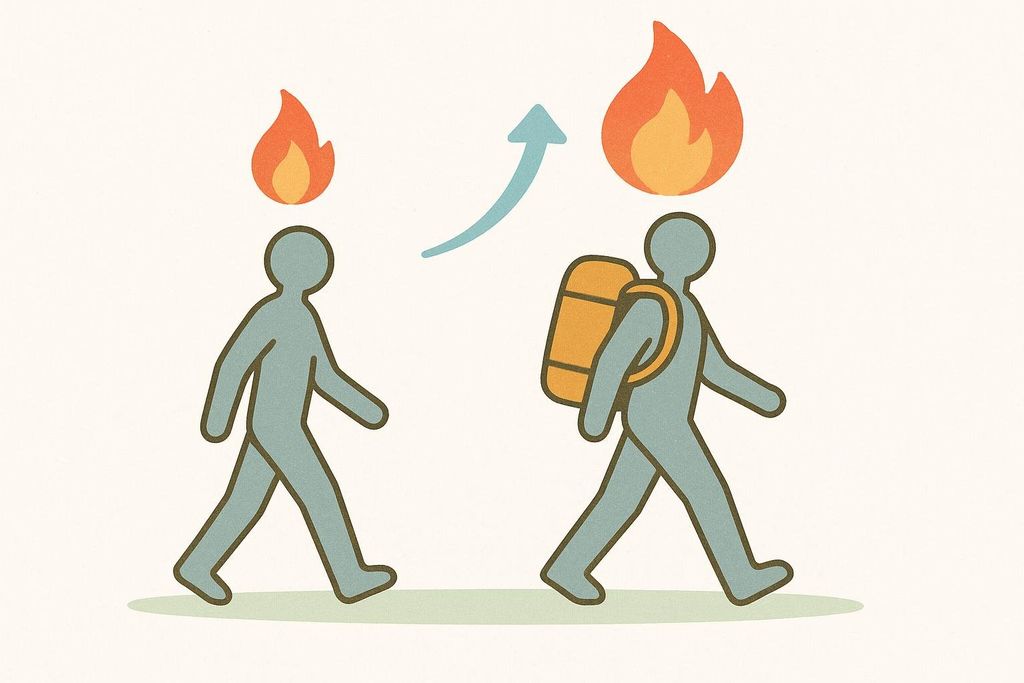 Illustration showing a stick figure walker with a small flame above their head and a stick figure rucker with a backpack and a larger flame above their head, connected by an upward arrow, indicating the rucker burns more calories.