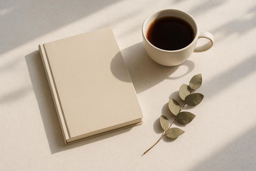 A minimalist flat lay features a beige journal, a white mug of dark coffee, and a eucalyptus branch on a light surface with dappled sunlight.