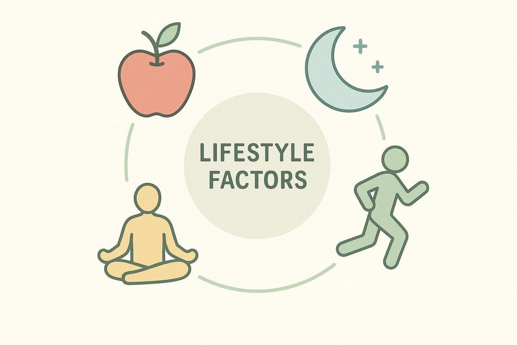 An illustration showcasing four lifestyle factors: nutrition, represented by an apple; sleep, by a crescent moon with stars; exercise, by a running figure; and stress management by a meditating person. These icons are arranged in a circle around the text 'LIFESTYLE FACTORS'.