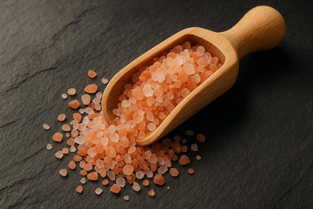 Close-up of pink Himalayan salt crystals in a light wooden scoop, with some salt spilled out onto a dark, textured surface.