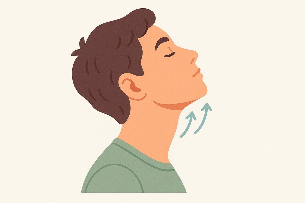 An illustration of a person performing a chin lift exercise. The person's head is tilted back, stretching the chin and neck area, with two blue arrows indicating an upward motion to emphasize the stretch.