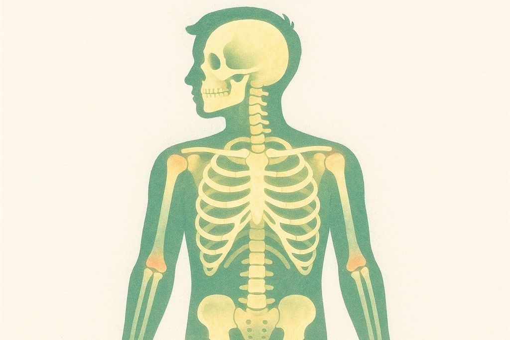A stylized human body scan silhouette in green, revealing a light yellow skeletal structure inside. The person is facing left with their back subtly angled towards the viewer.