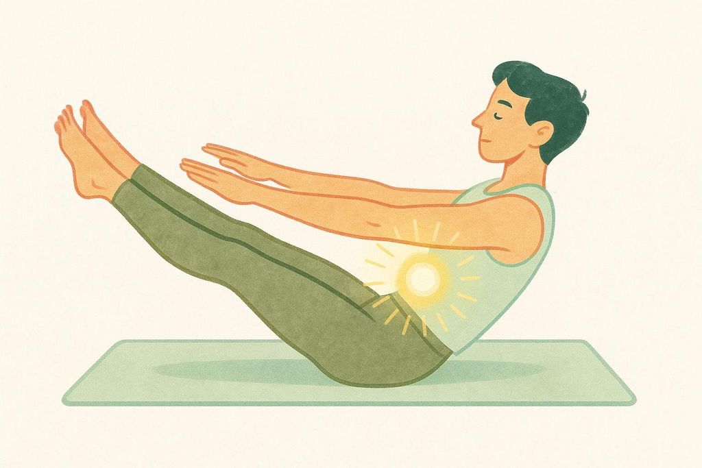 Illustration of a person performing a hollow body hold on a yoga mat, with a glowing yellow sun symbol over their core to emphasize the activated abdominal muscles.