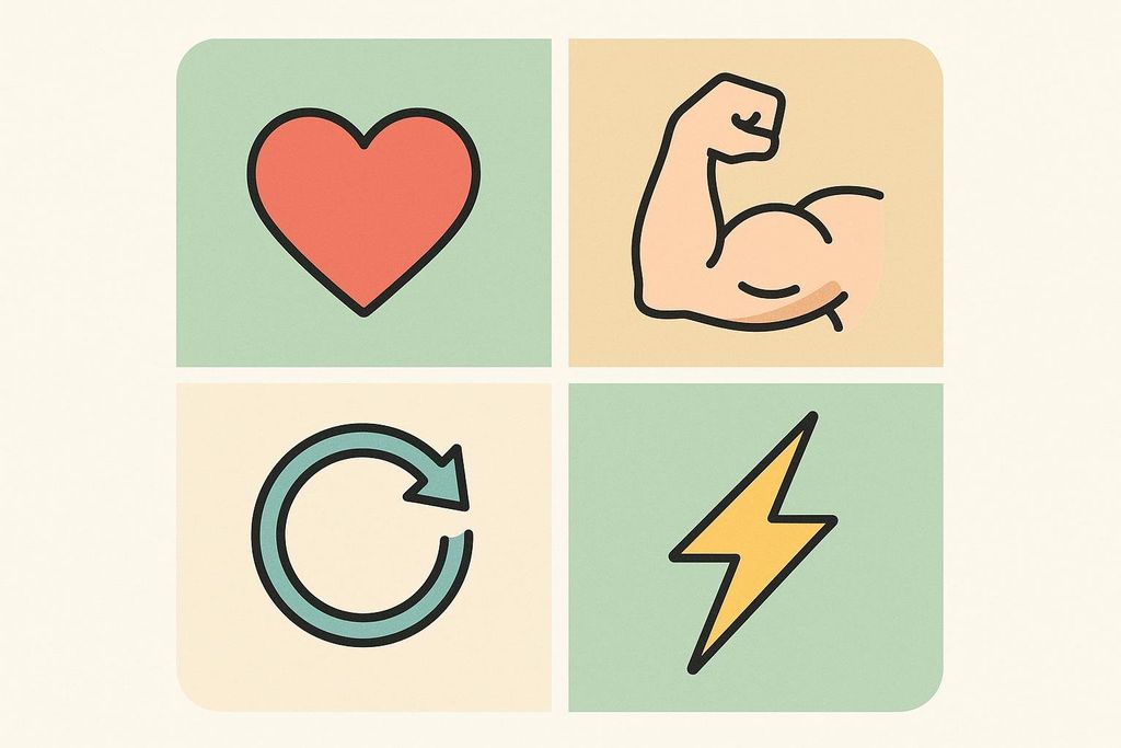 An infographic showing four fitness goals: a heart for health and cardio, a bicep for muscle strength, a circular arrow for endurance and recovery, and a lightning bolt for energy and speed.