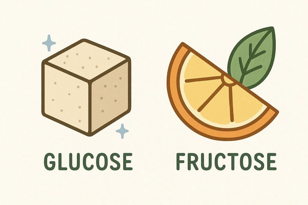 An illustration comparing sugar cube and orange slice icons. The sugar cube is labeled 'GLUCOSE' and the orange slice is labeled 'FRUCTOSE'.