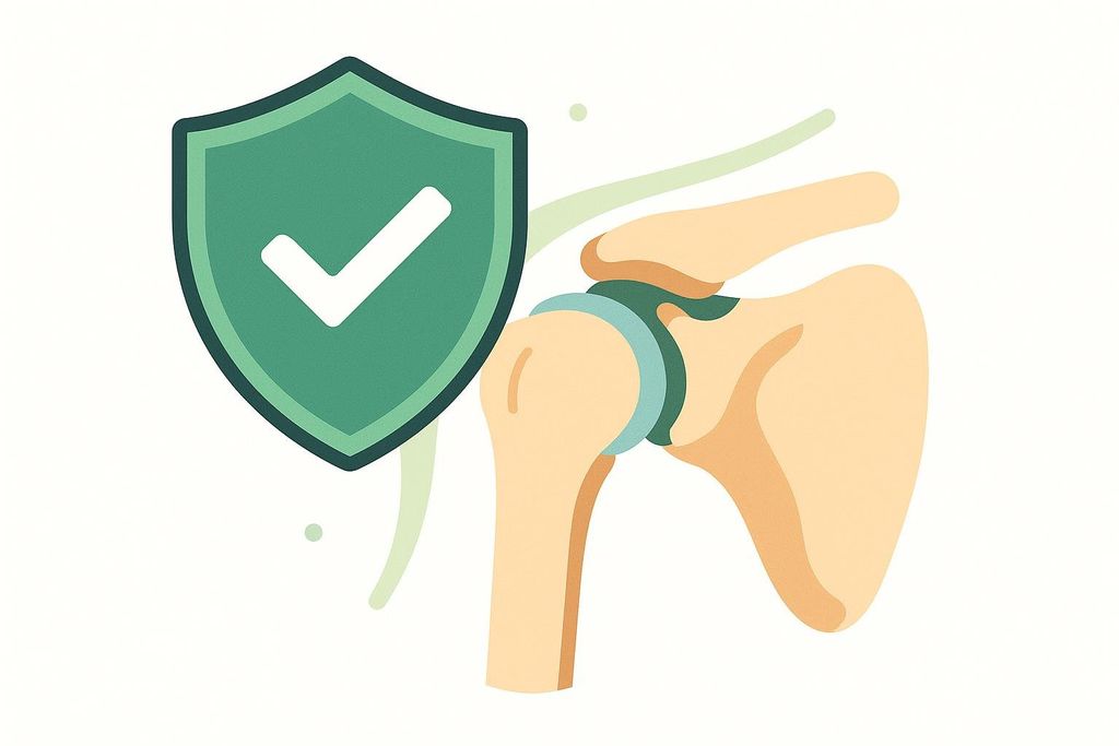 An illustration of a shoulder joint with a green shield icon, featuring a white checkmark, positioned over it, symbolizing injury prevention or protection.