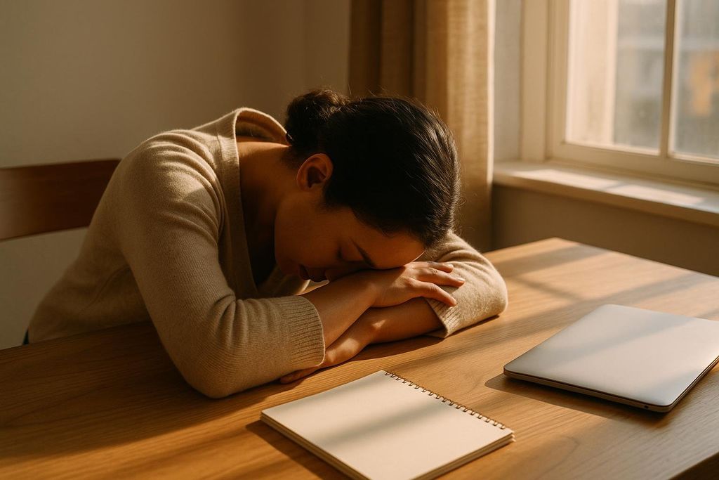 A woman with darker skin and hair pulled back in a bun rests her head on her arms on a wooden desk. Sunlight streams in from a window to her right, illuminating the desk where a spiral notebook and closed laptop are also present.
