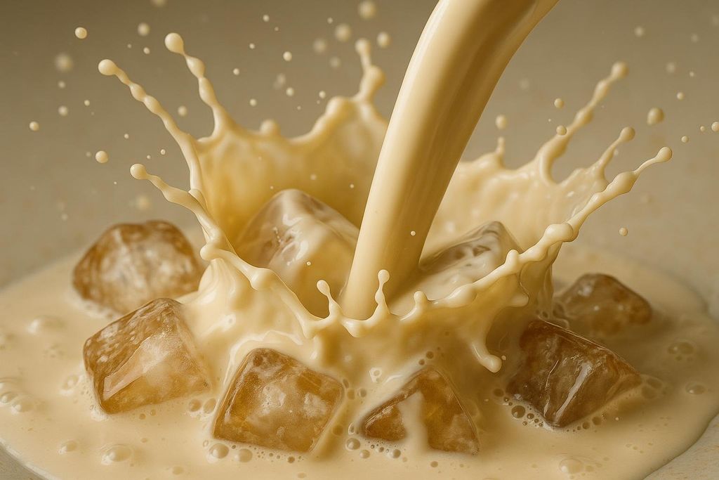 Close-up of liquid pouring over ice cubes