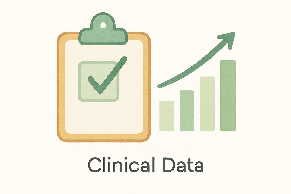 An illustration showing a clipboard with a checkmark and a bar chart with an upward-trending arrow. The text 'Clinical Data' is written below the illustration.