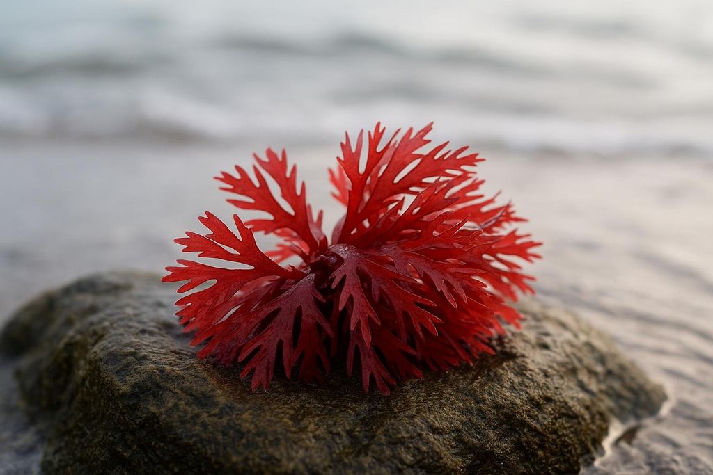 A vibrant red seaweed, possibly Ochtodes, resting on a textured coastal rock with the blurred ocean in the background.
