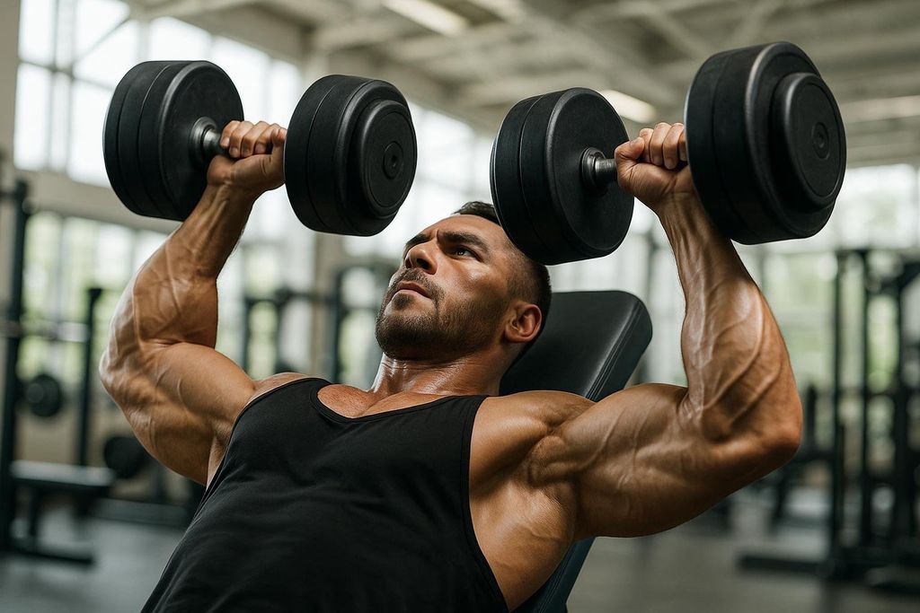 A muscular man performing an incline dumbbell press with heavy dumbbells on an incline bench in a gym. He is wearing a black tank top and his arms and shoulders are visibly defined from the exercise.
