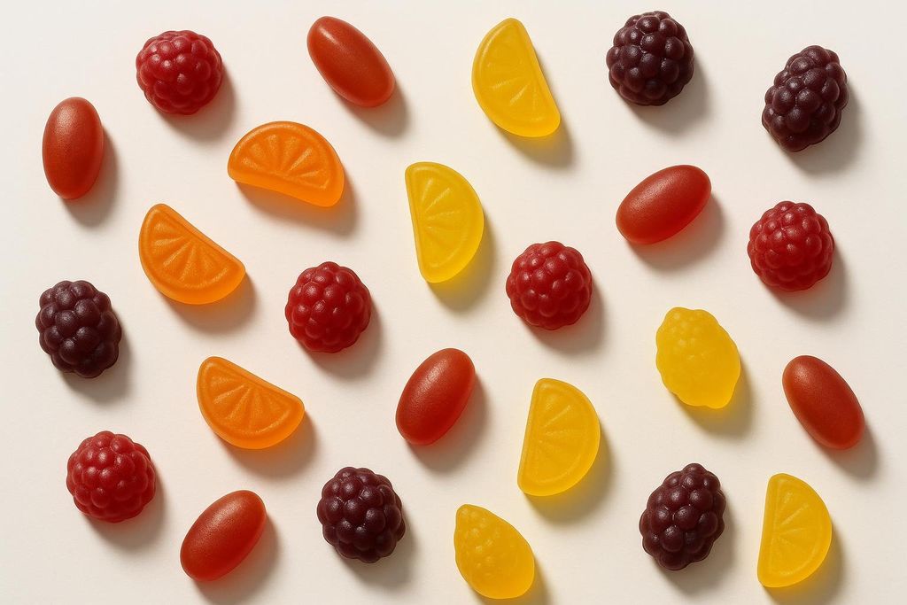 A colorful scatter of fruit-shaped gummy vitamins, including raspberries, blackberries, orange slices, lemon slices, and red oval shapes, arranged on a white background.