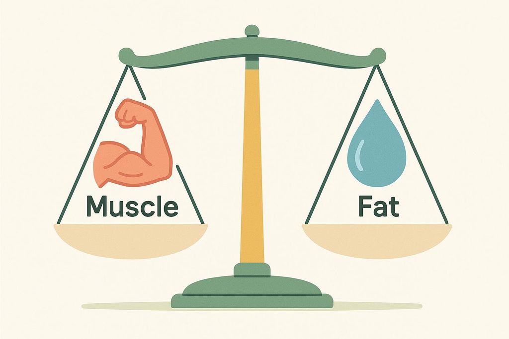 An illustration depicting a balance scale with a flexed arm labeled 'Muscle' on one side and a tear drop shape labeled 'Fat' on the other. The scale is balanced evenly, implying equal weight.