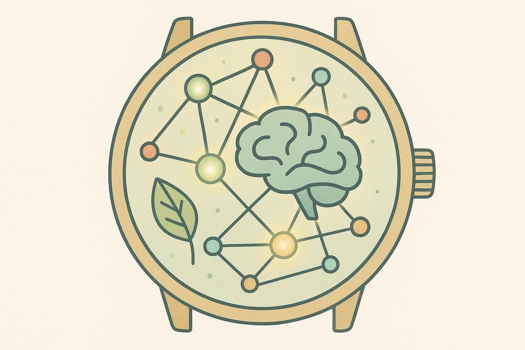 An illustration depicting a round smartwatch. Inside the watch face, a network of connected circles and lines surrounds a stylized human brain, with a small leaf icon also present. This represents a connection between smart devices, AI, and possibly nature or health.