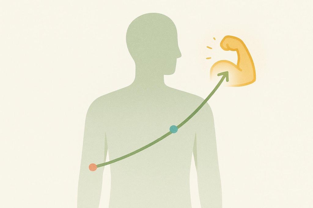 Illustration depicting a human silhouette with a green upward-trending graph line. The line indicates progress over time, beginning at a red dot on the left and ending with a glowing yellow bicep flexing on the right, symbolizing muscle growth.