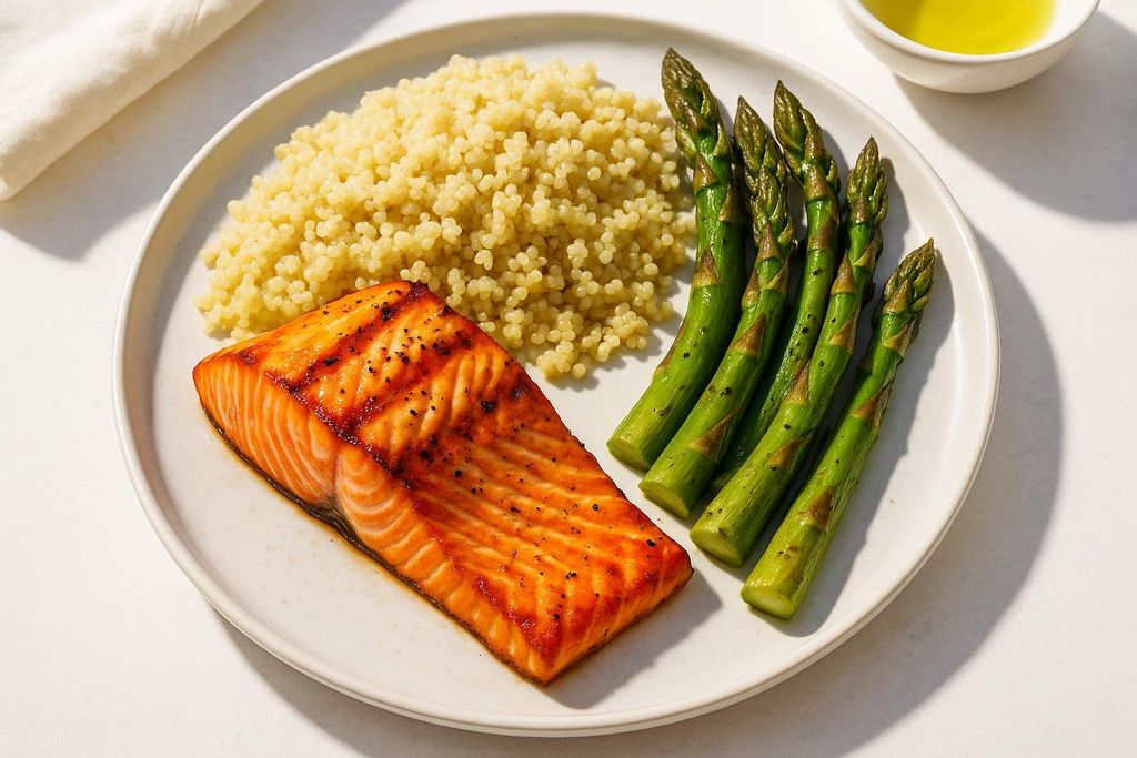 A plate featuring a perfectly grilled salmon fillet with grill marks, a serving of fluffy quinoa, and several vibrant green asparagus spears. A small bowl of oil is visible in the background.