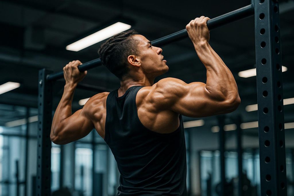 A muscular male athlete performing a pull-up, with his bare arms and shoulders clearly defined. He is wearing a black tank top and is focused on the exercise.