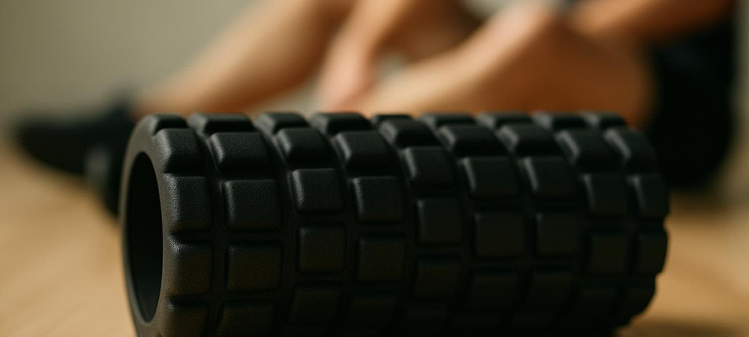 Close-up of a black textured foam roller on a gym floor, with the blurry outline of an athlete's legs resting in the background.
