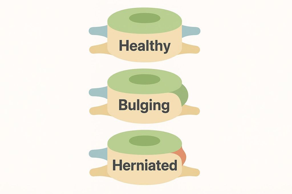 A diagram illustrating three conditions of a spinal disc: healthy, bulging, and herniated. The healthy disc is perfectly aligned, the bulging disc shows a slight protrusion of the inner material, and the herniated disc shows a more significant rupture and displacement of the inner material.