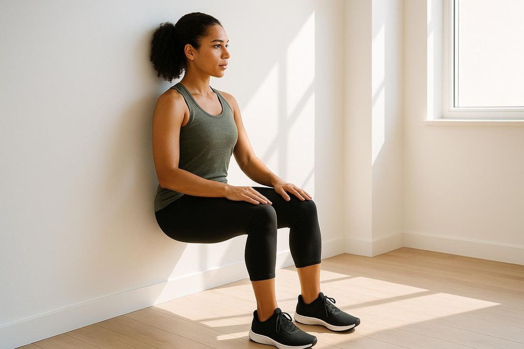 A woman with dark curly hair in a ponytail and wearing a green tank top and black capri leggings demonstrates the wall sit exercise. She is leaning against a white wall with her knees bent at a 90-degree angle, as if sitting in an invisible chair. Her hands rest on her thighs, and she is looking to the right. Sunlight streams through a window on the right side of the image, casting shadows on the wall and wooden floor.