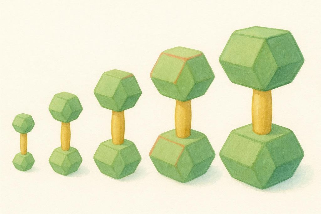 An illustration of five green and yellow dumbbells increasing in size from left to right, representing the concept of progressive overload in fitness.