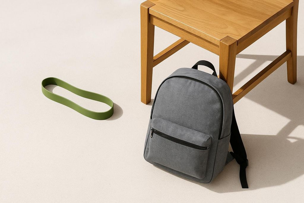 Home workout equipment includes a green resistance band, a wooden chair, and a grey backpack.
