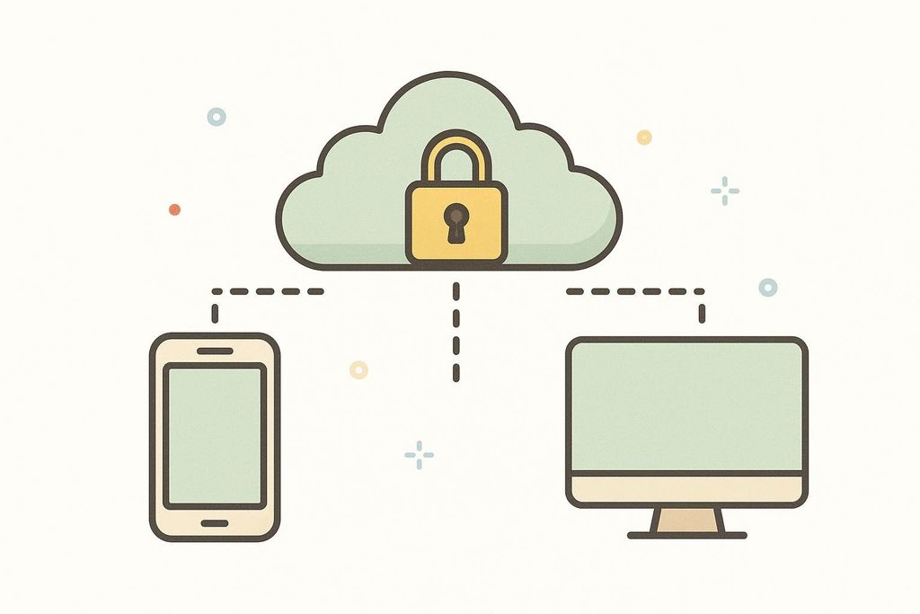 An illustration showing a cloud icon with a padlock, connected by dashed lines to a smartphone on the left and a desktop monitor on the right. This represents secure cloud syncing or data transfer between multiple devices.
