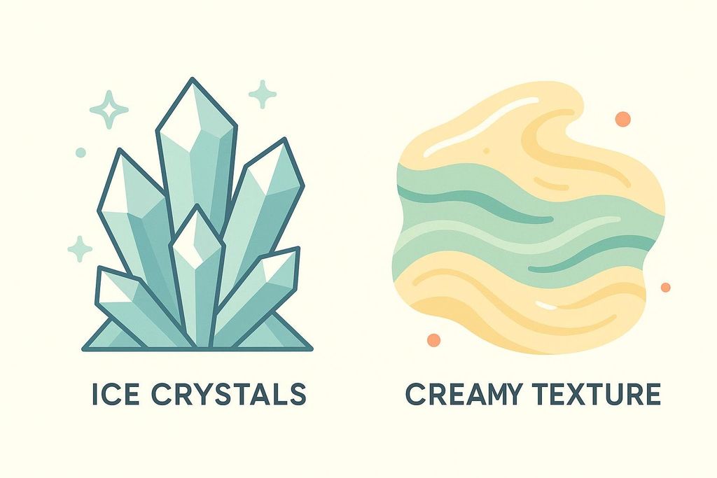 An illustration comparing two textures: on the left, geometric light blue ice crystals with sharp edges, and on the right, a smooth, wavy, creamy texture in yellow and teal with rounded edges. The labels 'ICE CRYSTALS' and 'CREAMY TEXTURE' are below each image, respectively.