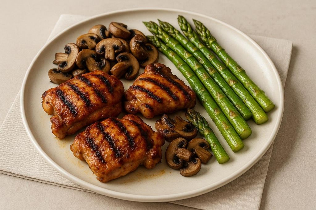 A white plate arranged with three grilled chicken thighs, a cluster of sautéed mushrooms, and a neat row of roasted asparagus spears.