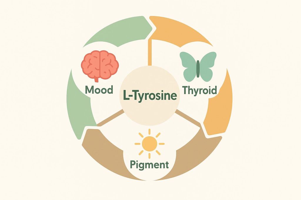 A circular diagram illustrating the roles of L-Tyrosine. L-Tyrosine is in the center, connected by lines to three segments: Mood (represented by a brain icon), Thyroid (represented by a butterfly icon), and Pigment (represented by a sun icon).