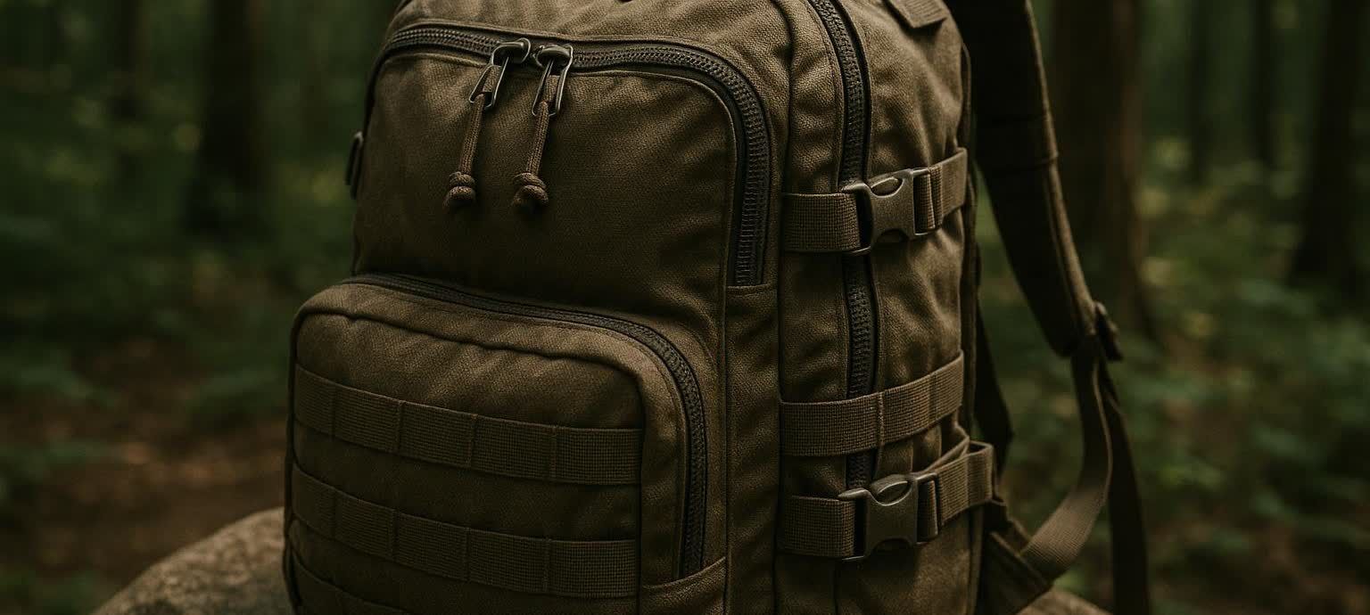 Close-up of a rucking backpack resting on a rock